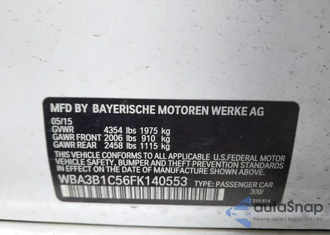 2015 BMW 320I z USA, uszkodzony, nr VIN WBA3B1C56FK140553